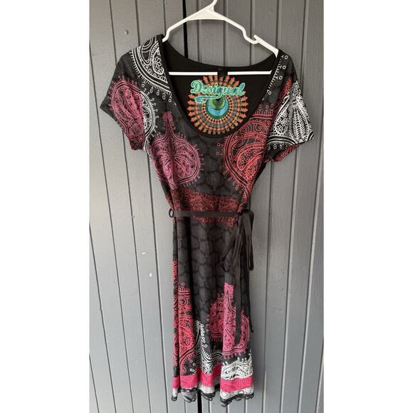Desigual Dresses & Skirts - Desigual Womens Dress L Black Floral Mandala Viscose Blend Belted Fit Flare